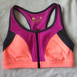 Xersion Colorblock Front Zip Sports Bra Pink Coral Gray Size Small